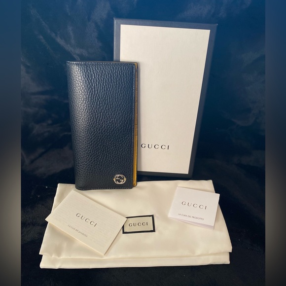 The Gucci GG Black Long Fold Wallet with Yellow Interior with box, bag - Picture 1 of 15